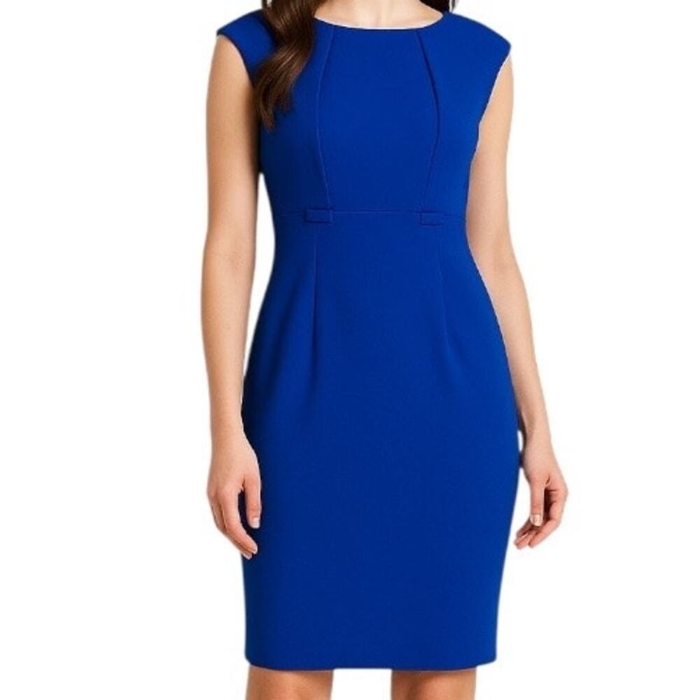 Calvin Klein Dress Sheath Sleeveless Pleated Neck Royal Blue Women’s Size 4